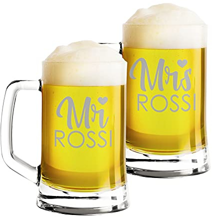 Colorfamily Coppia Boccali da birra Personalizzati Set da 2 Boccali da birra personalizzati con cognome Mr Mrs - bicchiere in vetro 50 cl
