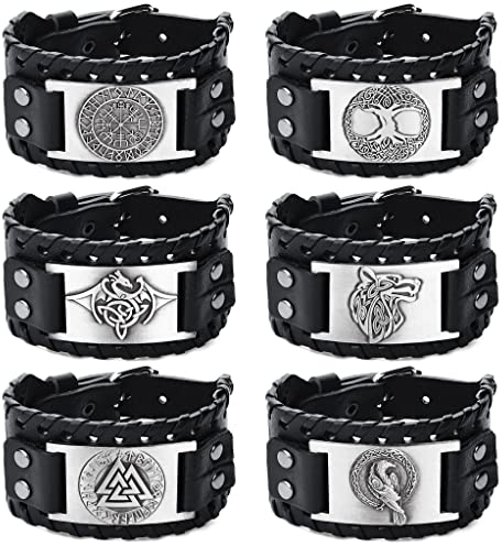 JeweBella 6 Pcs Leder Armband Herren Viking Vintage Nordic Breit Manschette Gothic Wikinger Schmuck Set Schwarz Armreif mit Wolf Baum des Lebens Vegvisir Celtic Pagan Amulett Armbänder für Männer
