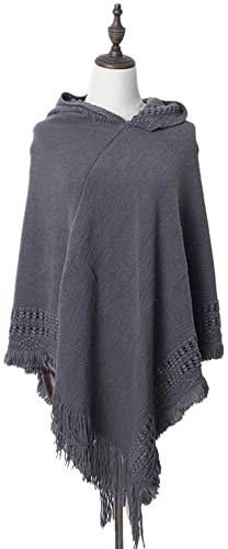 PEIHUODAN Poncho Schal Damen Winter Warmer Poncho Damen Mit Kapuze Outdoor Kuschel Poncho Teenager Mädchen Mit Strick, Cape Für Frauen Aus Strickmaterial Mit Zierfransen, Bunt (Grau)
