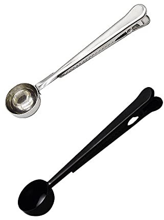 Coffee Scoop and Bag Clip, Long Handled 2 in 1 Tablespoon, Solid Beech Wood Measuring Scoop for Ground Beans, Coffee Beans, Loose Tea (Sliver+Black)