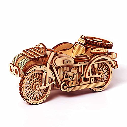 Motorrad mit Beiwagen 3D-Puzzles – Motorrad Dreirad Holzmodellbausätze für Erwachsene zum Bauen – Retro Design Beiwagen Motorrad Modellbausatz – Modellbausatz