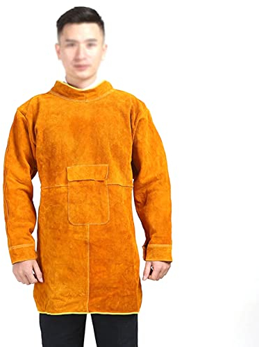Lederschürze Lederschürze mit Ärmeln, hitzebeständige und flammhemmende Grill-/Schweißerschürze aus Rindsleder (Color : Yellow, Size : 85cm)
