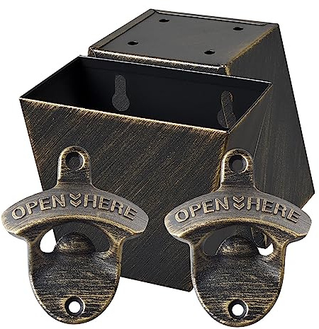 HAIICEN Antique Bronze Beer Bottle Opener Wall Mounted Bottle Top Opener with Cap Catcher Drain Openings Outdoor (Pack of 2)