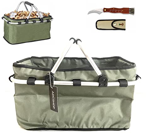 ADCSHOP - Cesto e coltello funghi per raccogliere funghi e frutta. Manici ripiegabili, resistenti, lavabili, imbottiti e fondo antisporco. 42 x 26 x 22 cm