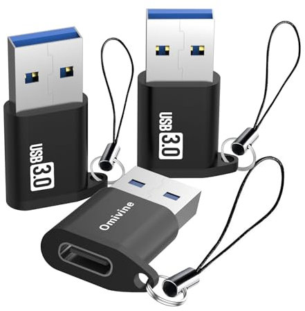 Omivine USB 3.0 to USB-C Adapter, 3 Pack Type-C Female to USB-A Male 5G bps Data Sync Adapter with Lanyard, USB A to USB C Converter for Phone/Laptop/Car/Power Bank/Hubs/Headphone/Mic/Sound Card, ect