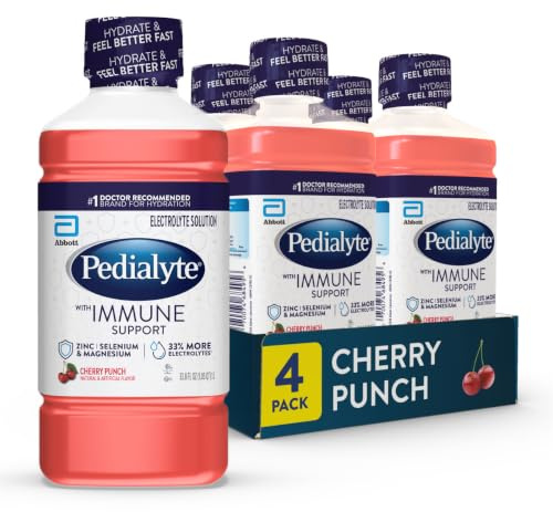 Pedialyte with Immune Support, Cherry Punch, Electrolyte Hydration Drink with Zinc, Selenium, and Magnesium, 33.8 Fl Oz (Pack of 4)