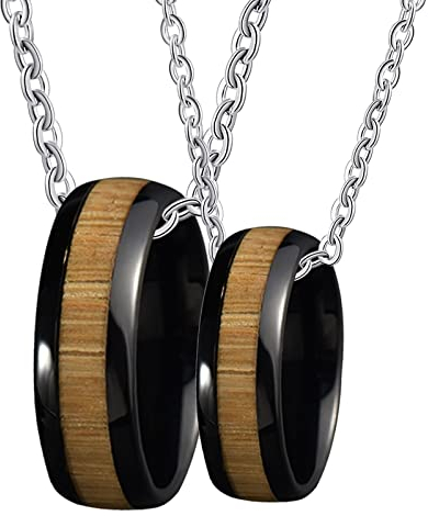 Collier pour Femme, Collier Gros Anneaux Femme Tungstène Bois Incrusté D'Anneaux Noirs de 8 mm Cadeau Anniversaire Femme 64 Homme66.5