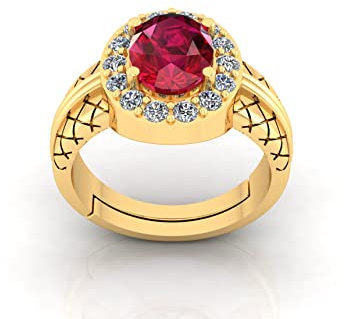JEMSPRIME 5.25 Ratti Natürlicher Rubin-Manik-Ring, loser Edelstein, vergoldet, Geburtsstein, Astrologie, Rashi Ratan, verstellbarer Ring für Damen und Herren, Messing, Rubin, Messing, Rubin