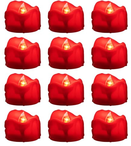 Windshell Red Flickering Flame Tealight Candles with 6H Timer (No Remote), Red LED Light Source, Battery Operated Flameless Tea Lights, Pack of 12