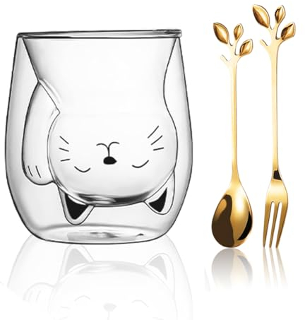 Yuragim Vasos de doble pared, diseño de gato dulce, tazas de té, vasos de café, 200 ml, doble pared, vidrio de borosilicato, vasos aislantes, regalo navidad niña