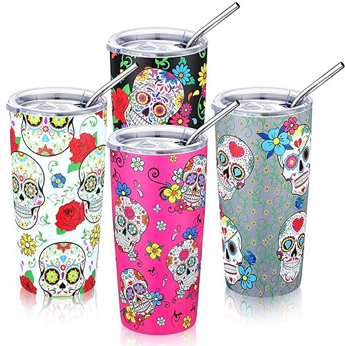 Sliner Sugar Skull Kaffeebecher mit Deckel und Strohhalmen, vakuumisoliert, Edelstahl, für Reisen und Tag der Toten, 4 Stück