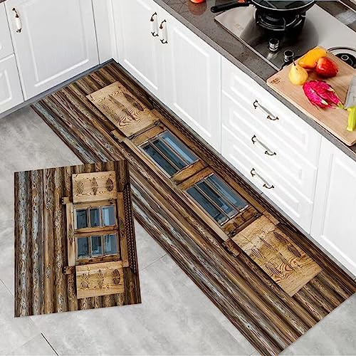 2 Stück Küchenmatte Waschbar rutschfest Küchenmatte,Fensterläden, Fenster mit Fensterläden gemustert an der Wand des alten Holz,Teppiche Mit Staubdicht Für Küche Wohnzimmer, Esszimmer (45x70+45x120cm)