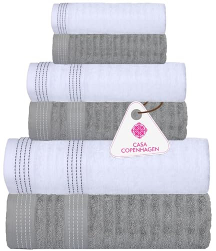 Casa Copenhagen Elegance Juego de Toallas de 6 Piezas, Gris Morado + Blanco, 550 g/m² 2 Toallas de baño, 2 Toallas de Mano, 2 paños de Suave algodón Egipcio para baño, Cocina y Ducha