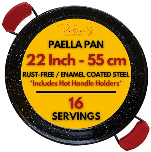 Paelluxe Paella Pan – Enamelled, No-Rust Steel Skillet – Easy-to-Clean Pan for Propane & Gas Burners – Indoor & Outdoor Cooking Cacerola Paellera Sarten – 22 Inch, for 16 Servings