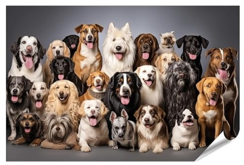 islandburner Prime XXL Bild Poster große Gruppe Hunde Verschiedene Rassen Haustiere sitzen weiß Premium Bilder Fotodruck