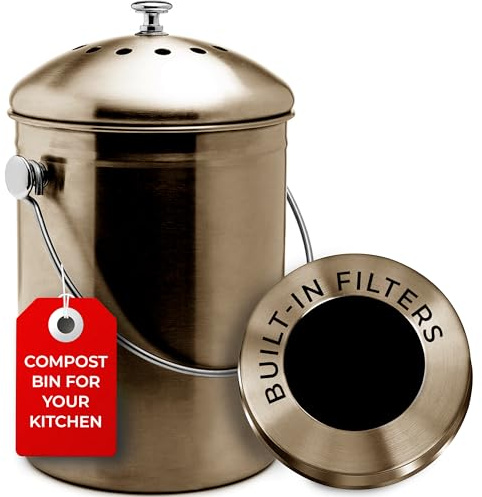 EPICA Countertop Compost Bin Kitchen | 1.3 Gallon | Odorless Composting Bin with Carbon Filters | Indoor Compost Bin with Lid | Stainless Steel Kitchen Composter for Food Scraps & Waste Recycling