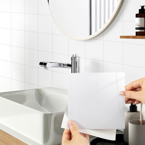 Hode 50 Pezzi Adesivi per piastrelle 15x15cm, Puro Bianco Effetto Lucido Piastrelle Adesive da Parete, PVC Impermeabili e Autoadesivo per cucina e bagno