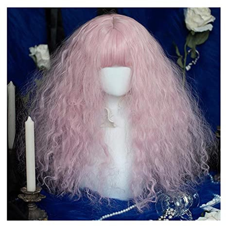 Peluca Peluca rosa con flequillo, peluca de pelo sintético largo y rizado, peluca sintética resistente al calor, rizada y esponjosa, peluca rosa for disfraz de fiesta, peluca de Halloween Peluca Hombr
