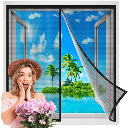 Magnetische FliegengitterFenster 75x120 cm, robuster Fliegengitter Fenster Netzvorhang selbstdichtend, freihändig, Rahmenhaken und Schlaufe Schwarz Verstärkte