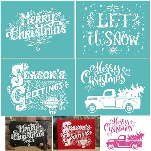 Briartw Merry Christmas Silkscreen Stencil 4pcs 8.5x11Reusable Self-Adhesive Mesh Stencils Silk Screen Stencil Printing for Polymer Clay Home Decoration Printing on Wood Fabric Wall Cup Plate Glass