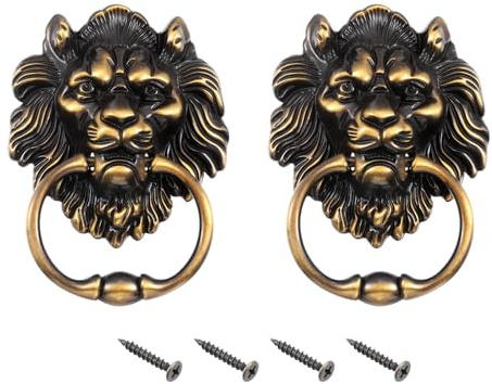 sourcing map 2 Pcs Lion Head Pulls Knob, 6 Inch Zinc Alloy Vintage Lion Door Handle Decorative Front Door Knob Ring Pull Handle for Gate Cabinets Drawers, Brass