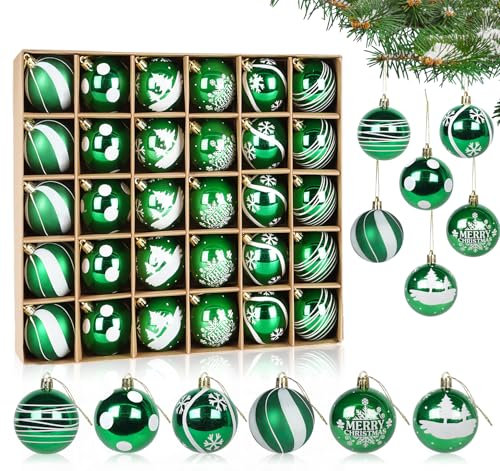 Lot de 30 boules de Noël en plastique de 6 cm - Décoration de Noël avec décorations de sapin de Noël - Thème traditionnel vert et blanc