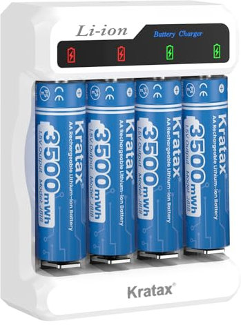 Kratax 1.5V AA Rechargeable Lithium Batteries, 4Pack 3500mWh High Capacity Double AA Battery with Q039 Fast Charger,Constant Output for Household Device,1600Cycle,Max 3A Discharge (4AA+White Charger)