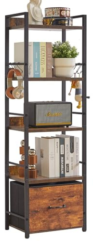 Aibiju Librería Industrial de 4 Niveles con Cajones de Tela, Estante Independiente para Sala de Estar, Dormitorio, Cocina, Oficina, Estructura de Acero, Marrón Rústico YD-BC001H