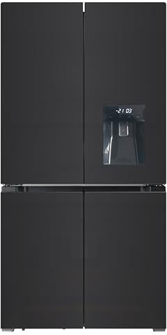 EVVO Frigorífico Americano 4 Puertas, Total No Frost, Compresor Inverter, Capacidad frigorífico 359L y 201L Nevera, Dispensador de Agua, Display Integrado, Modelo: F100 Glass Aqua (Acabado Negro)