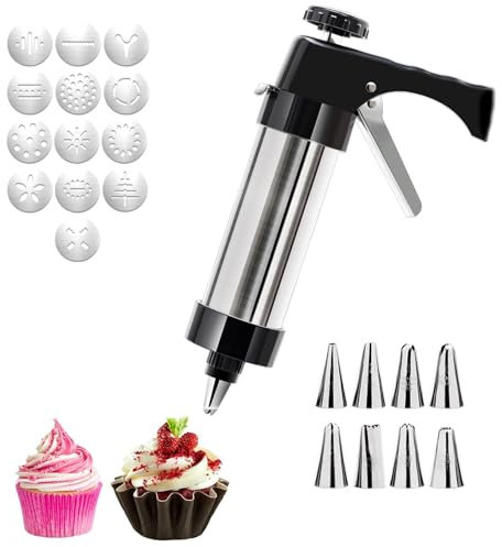 LIULIQ Cookie Press Gun Kit, Stainless Steel Cookie Press Gun Set with 13 Cookie Discs and 8 Icing Nozzles, Ease Of Operation and Easy To Wash for Home DIY Cookie Maker and Cake Decorating
