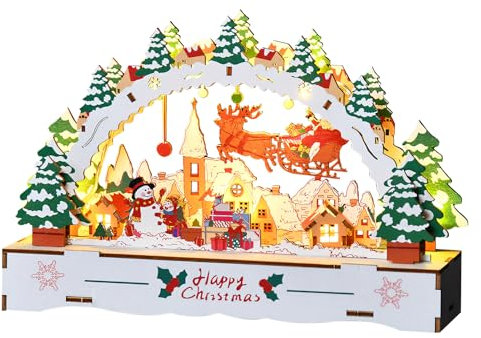 GZWY Wichtelstube Colección LED de pueblo navideño con iluminación, arco de luces de Navidad, decoración de madera, decoración de Navidad, interior LED, funciona con pilas, para decoración navideña