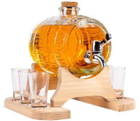 Getränkespender Fass mit Zapfhahn (1L) inkl. 6 Gläser - Fassförmiger Getränkespender Aus Glas - Schnapsspender - Schnaps Spender mit Holzständer - Wasserspender mit Hahn