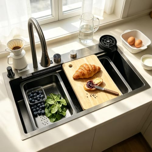 KOOGIMDDR fregadero de cocina rectangular de acero inoxidable, 75 x 45 cm, con cascada, drenaje izquierdo, orificio para grifo y rebosadero, sifón
