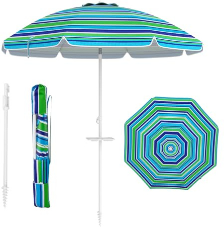 RELAX4LIFE Ombrellone da Spiaggia diametro 220 cm con Vassoio, Ombrellone da Mare Inclinabile a 8 Stecche con Air Vent, Protezione solare e impermeabile, Borsa di Trasporto Inclusi (Modello 4)