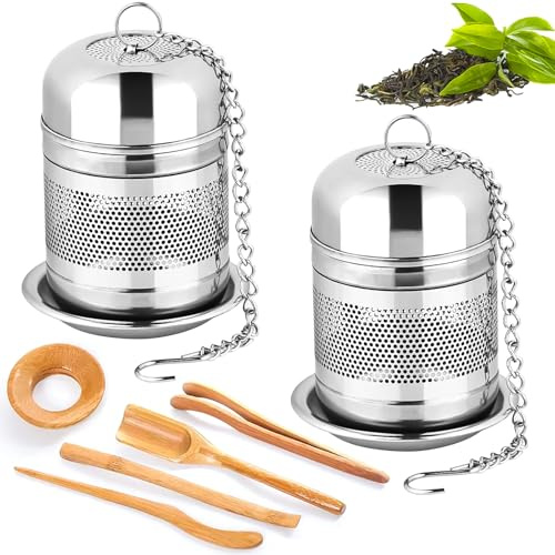 XSHAO® Lot de 2 infuseurs à thé pour thé en vrac - En acier inoxydable - 4 cm - Avec chaîne et bambou - 5 pièces - Accessoire pour la plupart des tasses - Porte-thé - Porte-thé - Épices