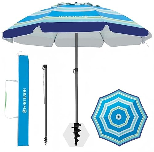 HOMEDEMO Parasol Plage Inclinable avec Revêtement Argenté, Protection Solaire UV50+, avec Pied d'ancrage à Visser & Housse de Protection, pour Piscine, 200cm, Rayures Bleues Vertes et Blanches