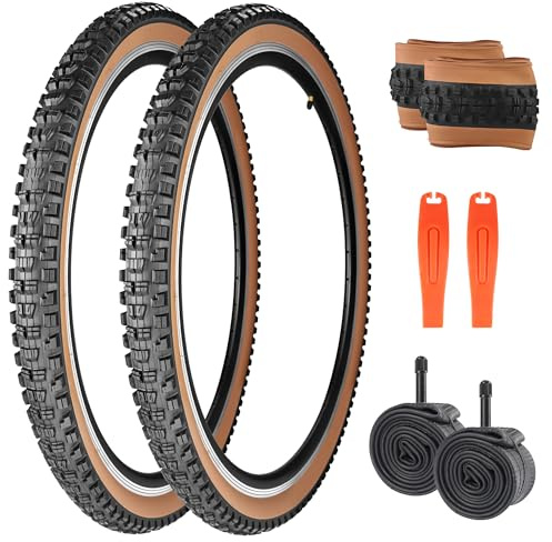 26/27,5/29 x 2,3 pouces Pneu de vélo VTT Allround Pneu de vélo 30TPI Couverture 2 x pneus + 2 x chambres à air + 2 x démonte-pneus (noir + paroi marron, 29 x 2,3 pouces)