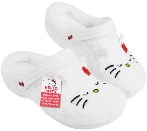Hello Kitty Sanrio Zuecos Mujer Invierno con Forro Suave Suela Antideslizante, Zapatillas Casa Chica, 35-40, Regalos Originales (38 EU, Blanco)