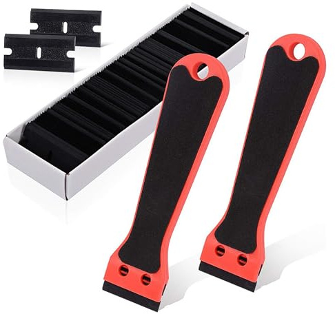 Omnikryp 2 skrapa, keramisk platta, plastskrapa med 100 skrapor, långt handtag för kakel, kakelskrapa, för att ta bort etiketter