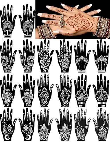 20 Blatt Henna-Tattooschablonen-Set, wiederverwendbare Handschablonen für Glitzer-Airbrush-DIY-Tätowierungen, indische temporäre Tattoo-Aufkleber