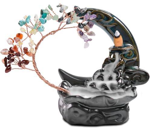 ZONSUSE Keramisk månrökelsebrännare med kristallträd, chakra kristall återflöde rökelsebrännare för yoga, meditation, avslappning, aromaterapi, present för dekoration
