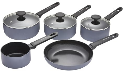 Morphy Richards 5-Piece Saucepan Set, Recycled Aluminium, 14cm Milk Pan, 23cm Frying Pan, 16cm, 18cm & 20cm Saucepan, Non Stick Coating, Soft Touch Handles, Suitable for All Hobs, Grey