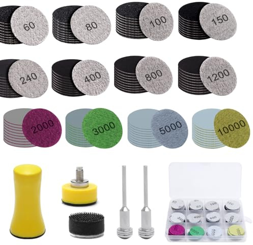 Annickee 205 Pièces Disque Abrasif 25mm, Ronds Papier Poncage Sec, Humide Grain 60-10000, Kit de Disques de Ponçage avec Tampon Mousse, Papier Abrasif Outil de Ponçage, pour Métal, Bois, Voiture