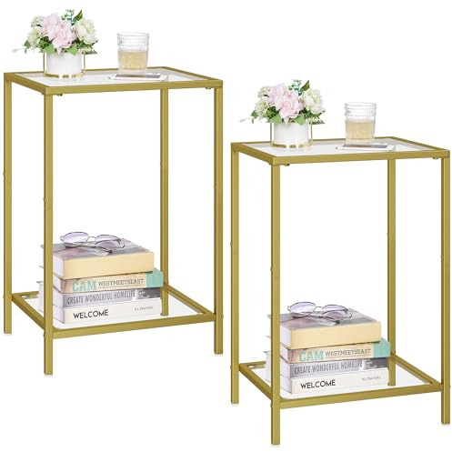 Miphlian Mesas Auxiliares Juego de 2, Mesitas de Noche Modernas con 2 Niveles de Almacenamiento, Estructura Metálica Dorada y Vidrio Templado, Mesa de Café para Salón o Dormitorio, Dorado