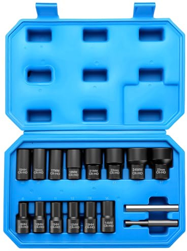 Ghekkli Lot de 16 Extracteur de Vis et Écrous Antivol pour Roues de Voiture – Jeu de Douilles à Extraction Hélicoïdale pour Écrous Abîmés, Striés ou Verrouillés, Compatible 8–27 mm