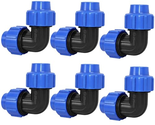 6 Stück 25mm PE Rohr Winkel 90° Verschraubung, Klemmverbinder PP Kupplung mit Kugelhahn für Innen- und Außeninstallationen