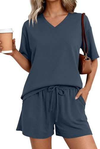 REORIA Women V Neck Activewear Loose Short Sleeve Lounge Wear Set Solid Color Tracksuit Co Ord Sets Two Piece Outfit