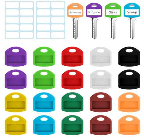 Wanmu 20Pcs Colored Silicone Key Covers Caps, Key Tags Identifiers with Blank Printed Label Fit Key Protectors for Office House Classification Organization(10 Colors)