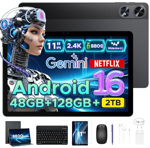 POPUX P11 Pro Tablet 11 Pulgadas 2.4K 90Hz, 48GB RAM+128GB ROM, 8800mAh, | Tablet Android 16 con Gemini AI, T7250 Octa-Core, 13MP+5MP, 5G WIFI, Face ID, Widevine L1, Tablets con Teclado y Lapiz, Negro