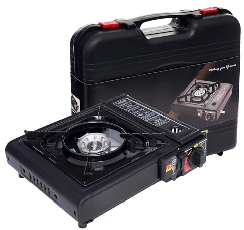 Fornello a Gas da Campeggio Portatile, Compatibile con Cartuccia Butano e Bombola GPL, Accensione Piezoelettrica, 2200W, Valigetta Inclusa, per Camper, Trekking, Picnic e Pesca